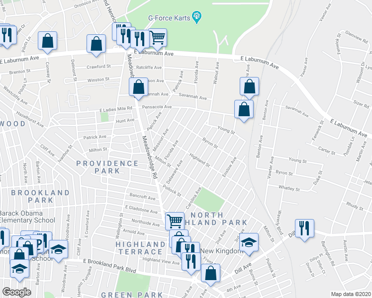 map of restaurants, bars, coffee shops, grocery stores, and more near 3500 Delaware Avenue in Richmond