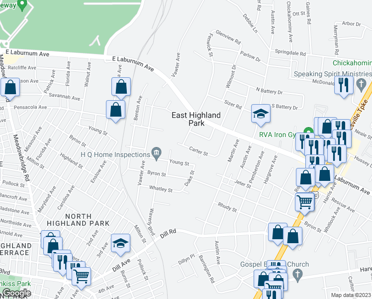 map of restaurants, bars, coffee shops, grocery stores, and more near 1509 Carter Street in Richmond