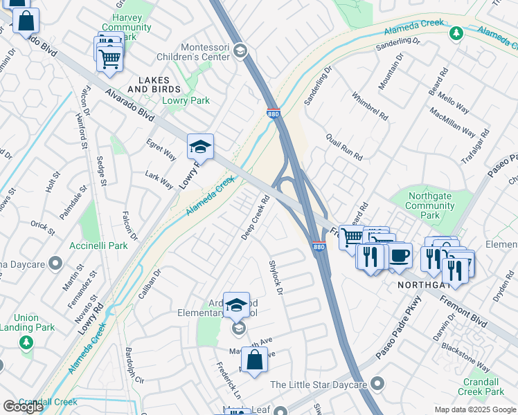 map of restaurants, bars, coffee shops, grocery stores, and more near 4141 Deep Creek Road in Fremont