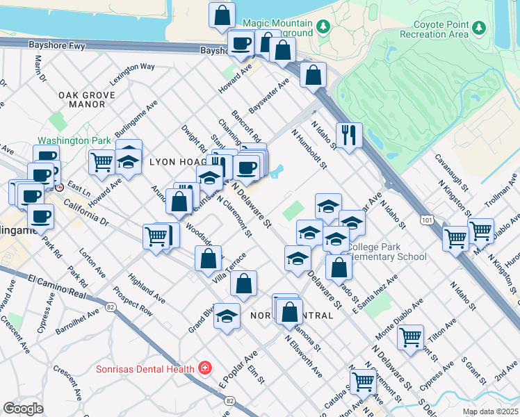 map of restaurants, bars, coffee shops, grocery stores, and more near 808 North Delaware Street in San Mateo