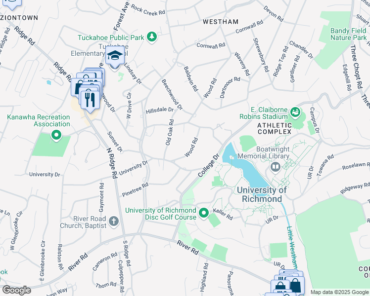 map of restaurants, bars, coffee shops, grocery stores, and more near 208 Wood Road in Richmond