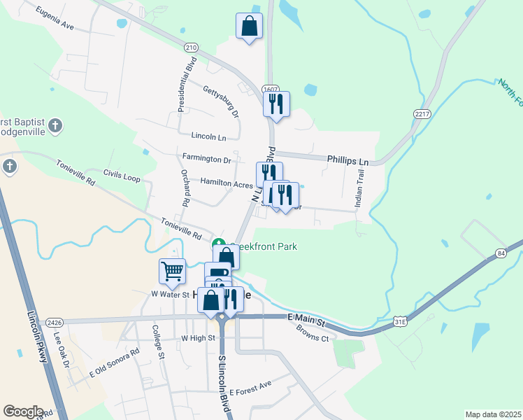 map of restaurants, bars, coffee shops, grocery stores, and more near 415 North Lincoln Boulevard in Hodgenville