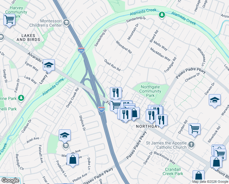 map of restaurants, bars, coffee shops, grocery stores, and more near 33865 Raven Terrace in Fremont