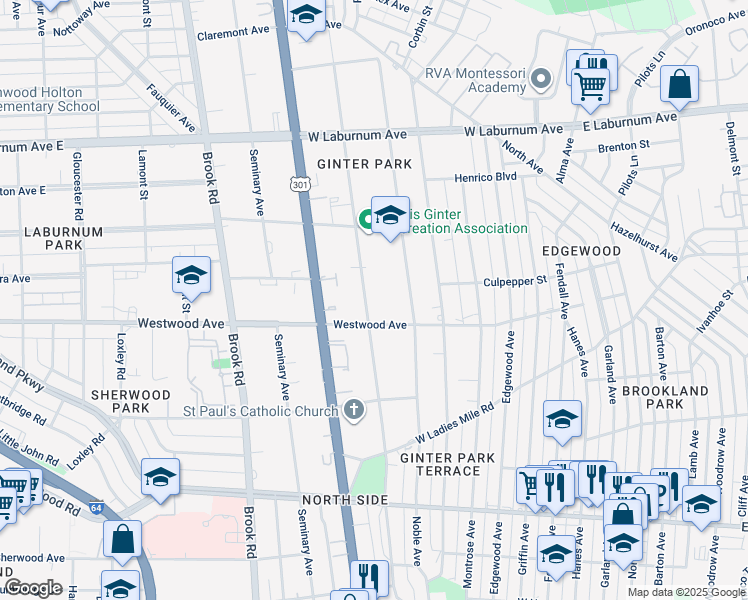 map of restaurants, bars, coffee shops, grocery stores, and more near 3405 Hawthorne Avenue in Richmond