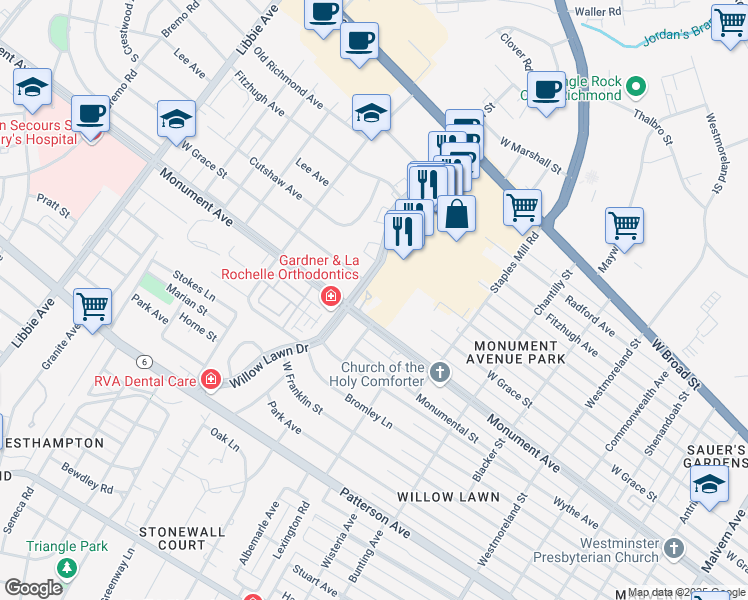 map of restaurants, bars, coffee shops, grocery stores, and more near 5100 Monument Avenue in Richmond