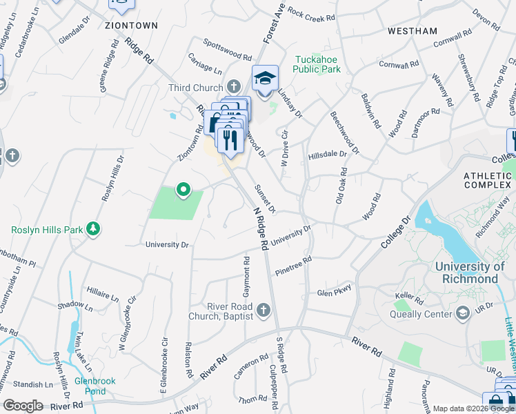 map of restaurants, bars, coffee shops, grocery stores, and more near 216 Sunset Drive in Richmond