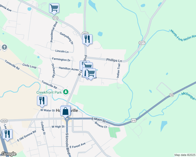 map of restaurants, bars, coffee shops, grocery stores, and more near 160 Shawnee Drive in Hodgenville