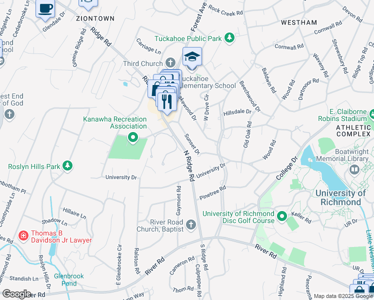 map of restaurants, bars, coffee shops, grocery stores, and more near 300 North Ridge Road in Henrico