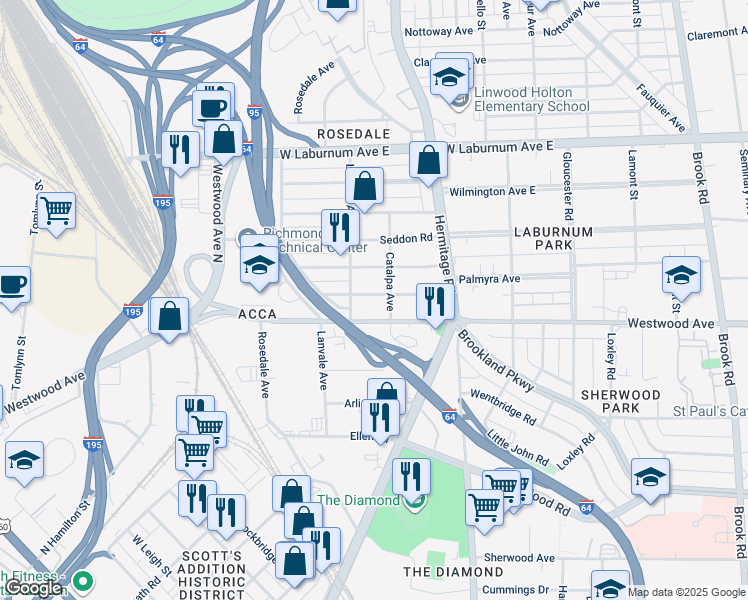map of restaurants, bars, coffee shops, grocery stores, and more near 1807 Oakdale Avenue in Richmond