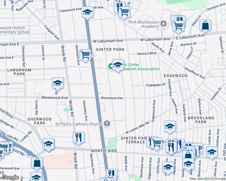 map of restaurants, bars, coffee shops, grocery stores, and more near 3405 Hawthorne Avenue in Richmond