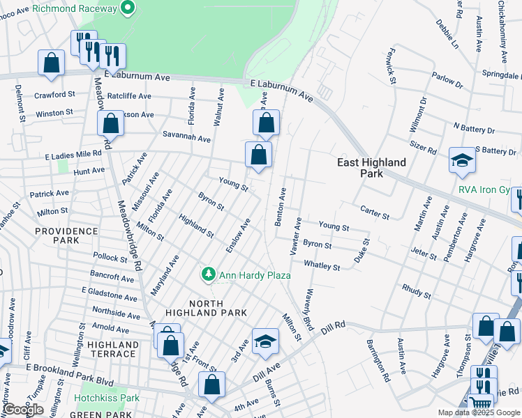 map of restaurants, bars, coffee shops, grocery stores, and more near 3617 Enslow Avenue in Richmond