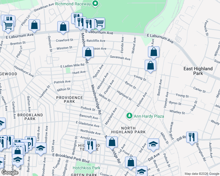 map of restaurants, bars, coffee shops, grocery stores, and more near 3505 Florida Avenue in Richmond