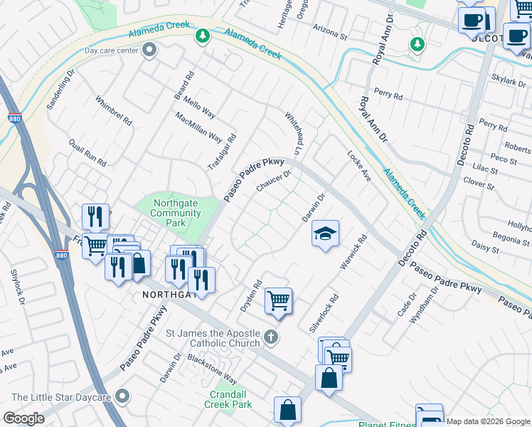 map of restaurants, bars, coffee shops, grocery stores, and more near 34352 Newton Court in Fremont