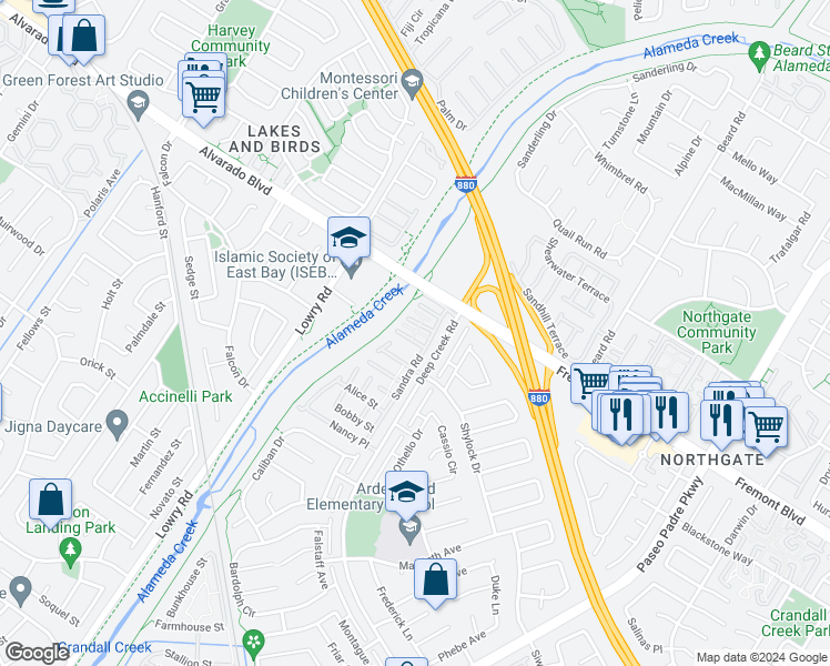 map of restaurants, bars, coffee shops, grocery stores, and more near 17 Laura Street in Fremont