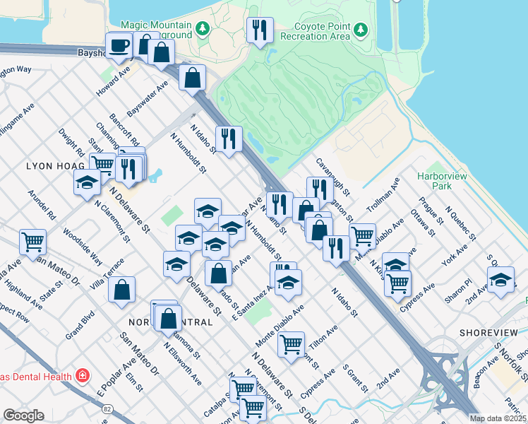 map of restaurants, bars, coffee shops, grocery stores, and more near 490 North Idaho Street in San Mateo