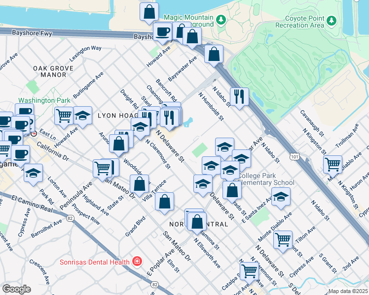 map of restaurants, bars, coffee shops, grocery stores, and more near 816 North Delaware Street in San Mateo