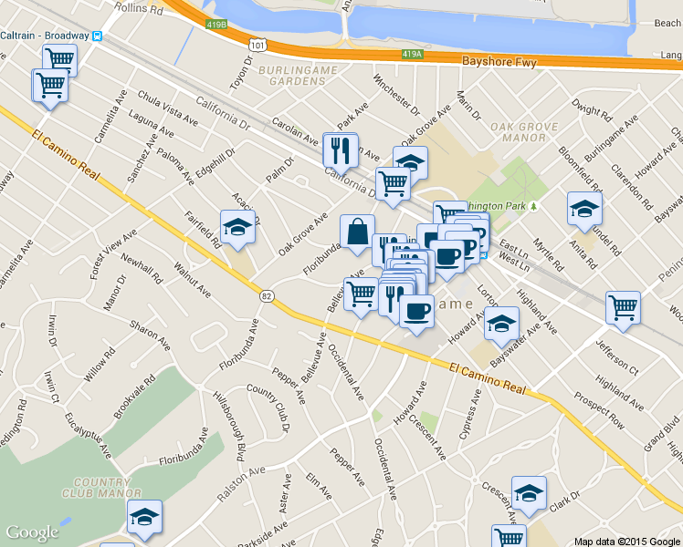 map of restaurants, bars, coffee shops, grocery stores, and more near in Burlingame