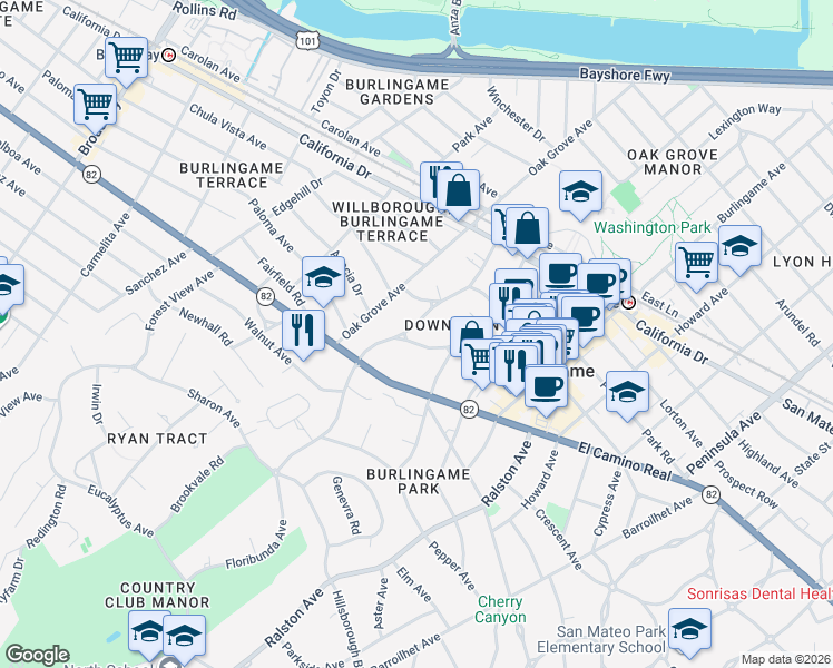 map of restaurants, bars, coffee shops, grocery stores, and more near 1440 Floribunda Avenue in Burlingame