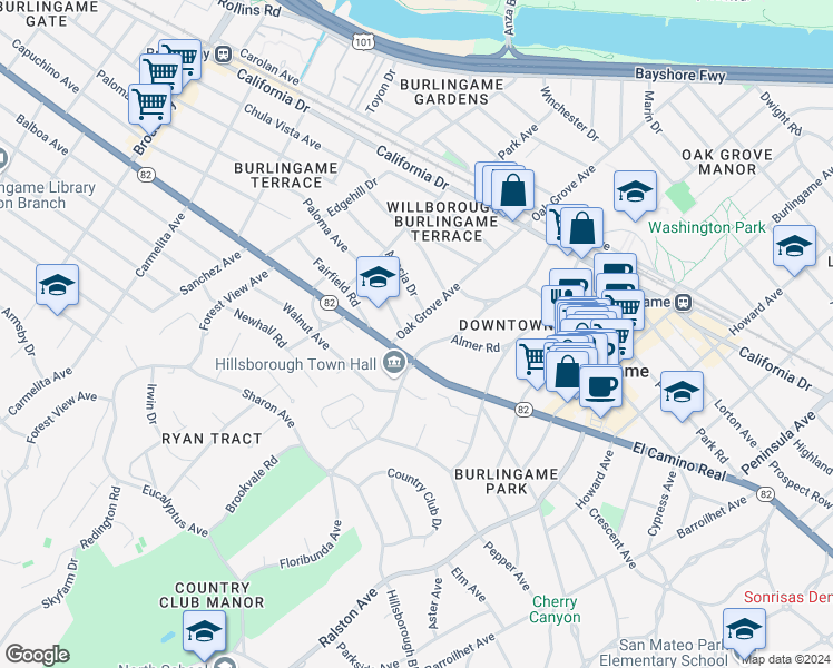 map of restaurants, bars, coffee shops, grocery stores, and more near 1449 Oak Grove Avenue in Burlingame