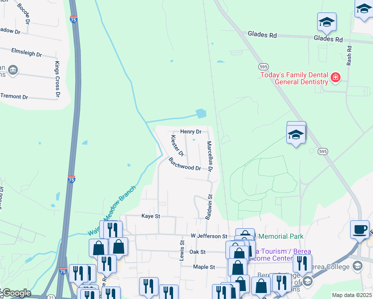 map of restaurants, bars, coffee shops, grocery stores, and more near Whitehall Drive in Berea