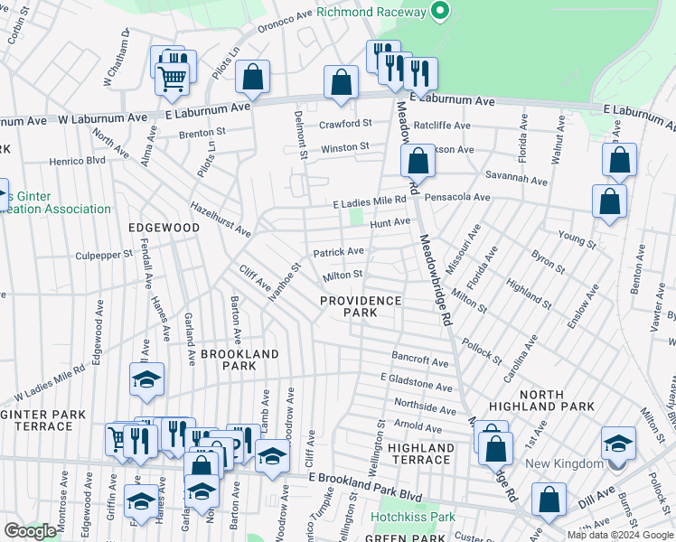 map of restaurants, bars, coffee shops, grocery stores, and more near 416 Milton Street in Richmond