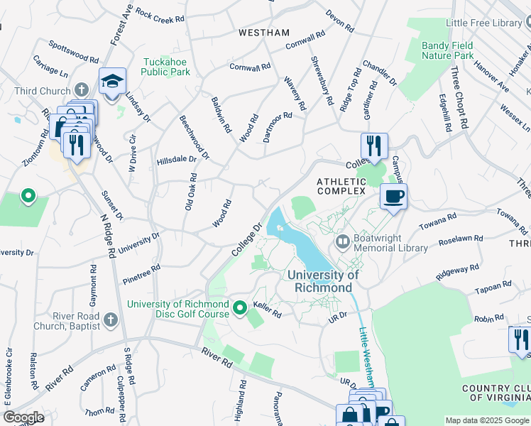 map of restaurants, bars, coffee shops, grocery stores, and more near 6705 Lakewood Drive in Richmond