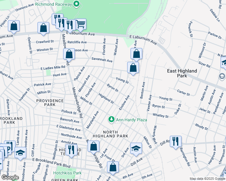 map of restaurants, bars, coffee shops, grocery stores, and more near 3523 Maryland Avenue in Richmond