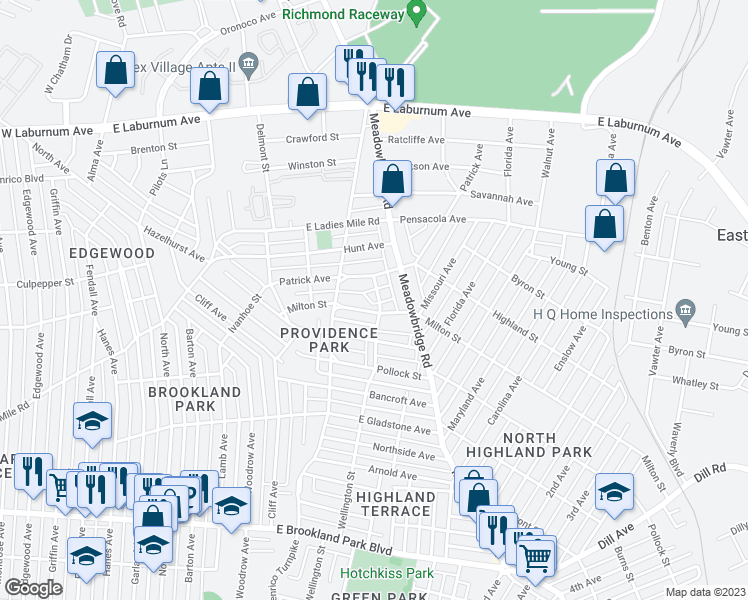 map of restaurants, bars, coffee shops, grocery stores, and more near 3404 Wellington Street in Richmond