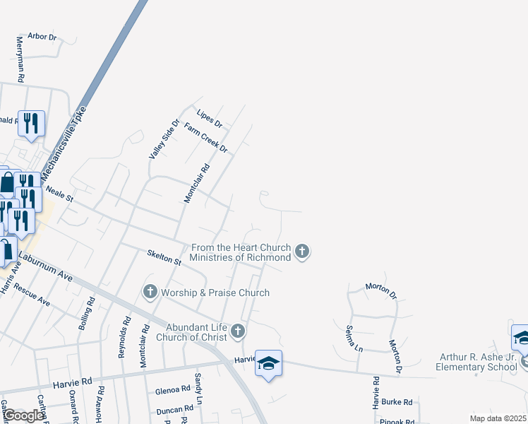 map of restaurants, bars, coffee shops, grocery stores, and more near 3225 Purvis Road in Richmond