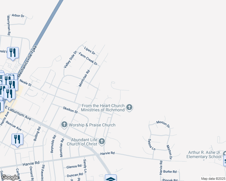 map of restaurants, bars, coffee shops, grocery stores, and more near 3225 Purvis Road in Richmond