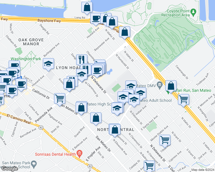map of restaurants, bars, coffee shops, grocery stores, and more near 816 North Delaware Street in San Mateo