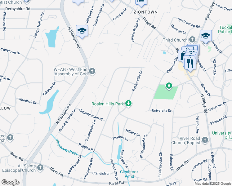 map of restaurants, bars, coffee shops, grocery stores, and more near 122 Melwood Lane in Richmond