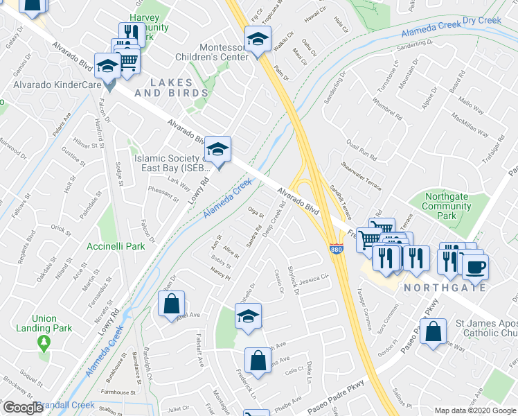 map of restaurants, bars, coffee shops, grocery stores, and more near 17 Laura Street in Fremont