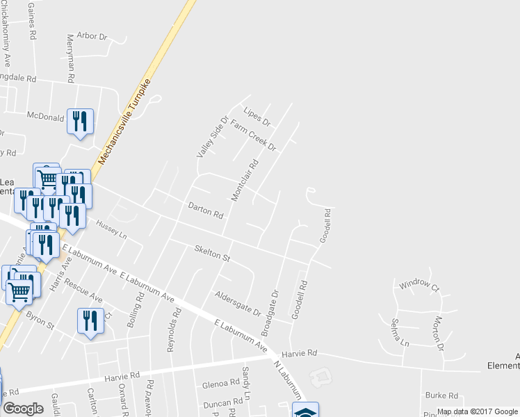 map of restaurants, bars, coffee shops, grocery stores, and more near 2709 Bolling Terrace in Richmond