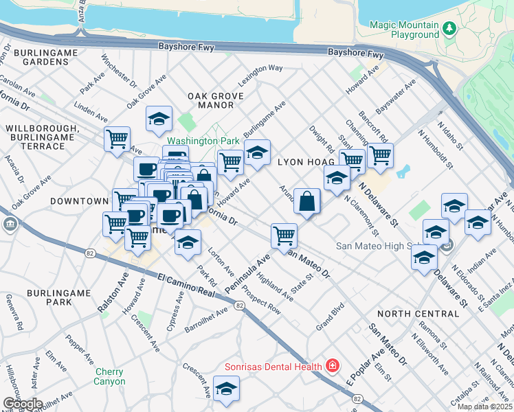 map of restaurants, bars, coffee shops, grocery stores, and more near 920 Bayswater Avenue in Burlingame