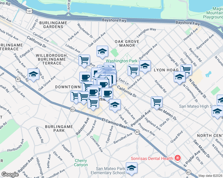 map of restaurants, bars, coffee shops, grocery stores, and more near 268 Lorton Avenue in Burlingame