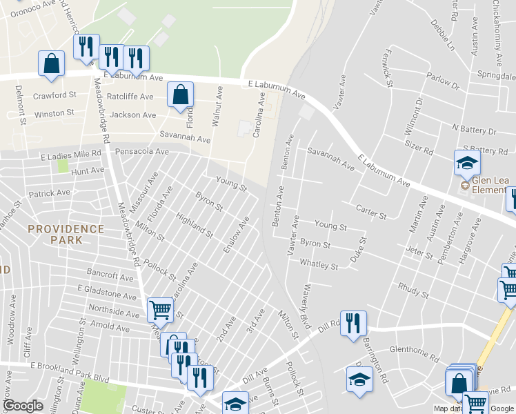 map of restaurants, bars, coffee shops, grocery stores, and more near 3617 Enslow Avenue in Richmond