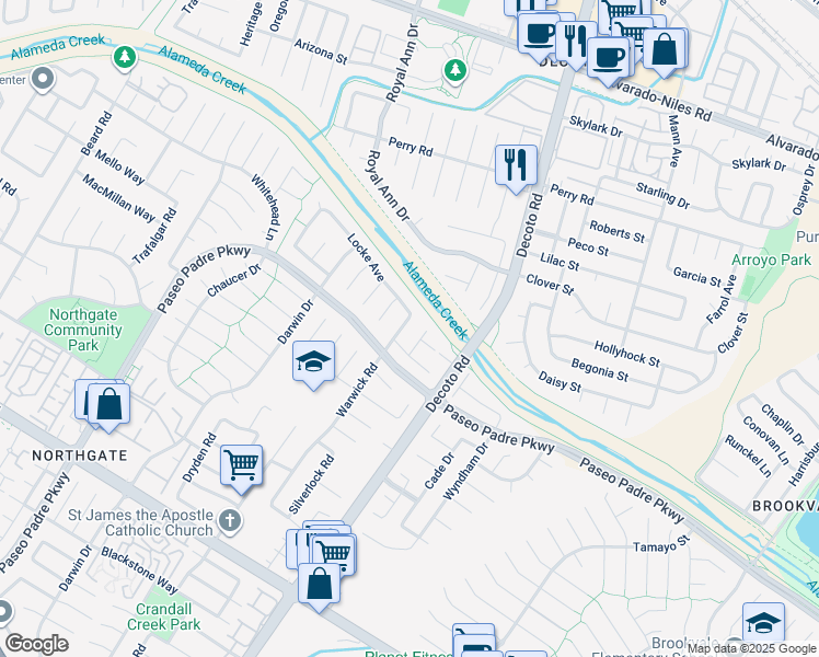 map of restaurants, bars, coffee shops, grocery stores, and more near 3158 Warwick Road in Fremont