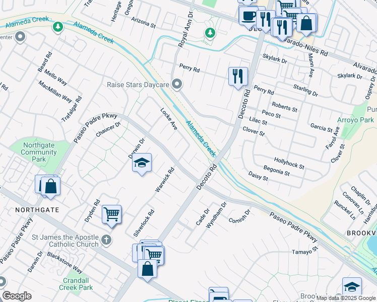 map of restaurants, bars, coffee shops, grocery stores, and more near 3158 Warwick Road in Fremont