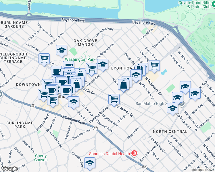 map of restaurants, bars, coffee shops, grocery stores, and more near 110 Anita Road in Burlingame