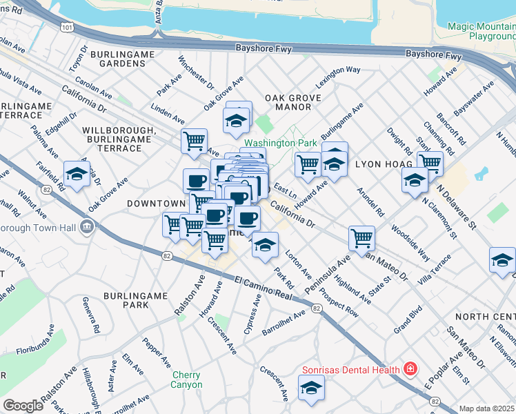 map of restaurants, bars, coffee shops, grocery stores, and more near 1118 Burlingame Avenue in Burlingame