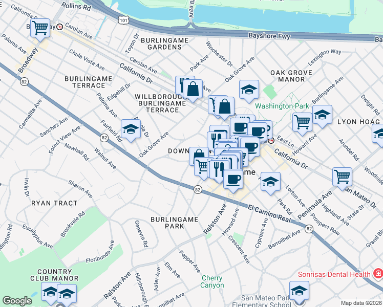 map of restaurants, bars, coffee shops, grocery stores, and more near in Burlingame