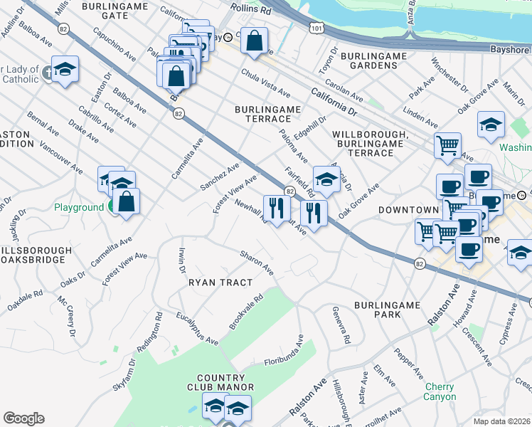 map of restaurants, bars, coffee shops, grocery stores, and more near 822 Newhall Road in Burlingame