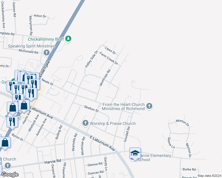 map of restaurants, bars, coffee shops, grocery stores, and more near 2709 Bolling Terrace in Richmond