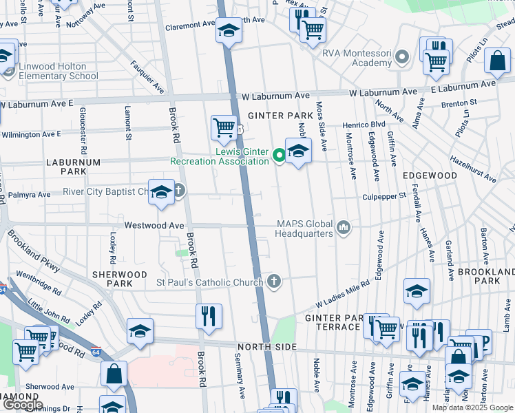 map of restaurants, bars, coffee shops, grocery stores, and more near in Richmond