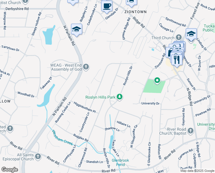 map of restaurants, bars, coffee shops, grocery stores, and more near 122 Melwood Lane in Richmond