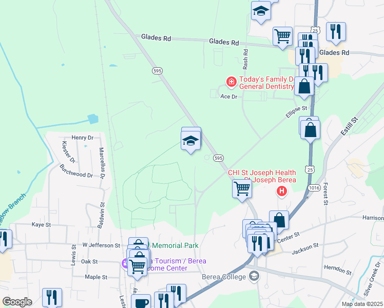 map of restaurants, bars, coffee shops, grocery stores, and more near 1 Pirate Parkway in Berea