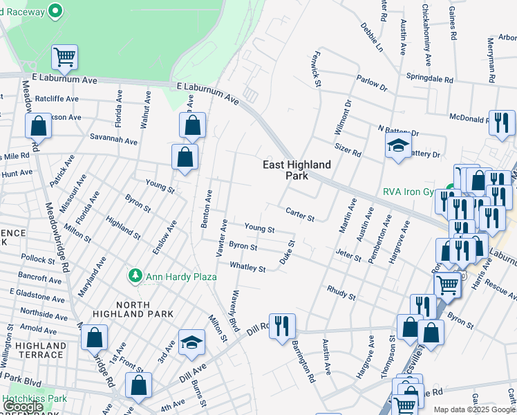 map of restaurants, bars, coffee shops, grocery stores, and more near 3708 Fenwick Street in Richmond
