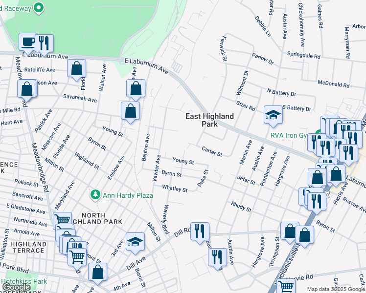 map of restaurants, bars, coffee shops, grocery stores, and more near 3708 Fenwick Street in Richmond