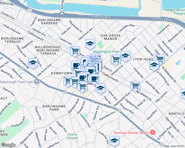 map of restaurants, bars, coffee shops, grocery stores, and more near 1206 Burlingame Avenue in Burlingame